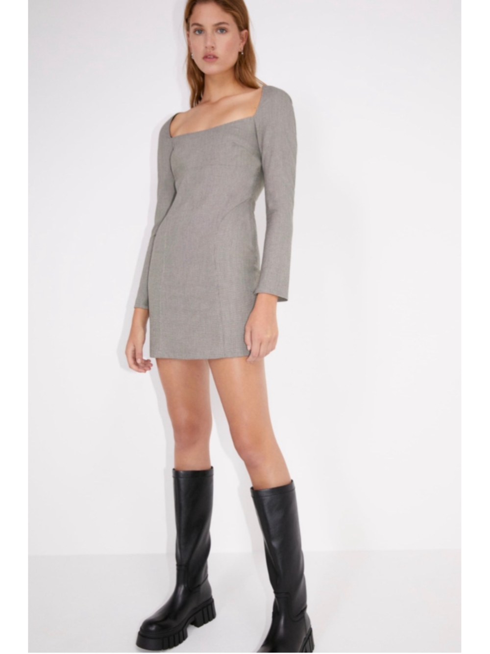 Zara Mini Dress Size M Plaid Long Sleeve Square Neckline Academia